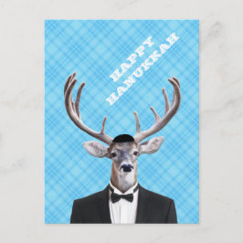 Funny Yarmulke Happy Hanukkah Deer Blue Kariert Feiertagspostkarte
