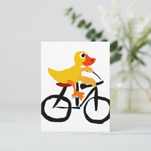Funny Yellow Duck Riding Bicycle Postkarte (Stehend Vorderseite)