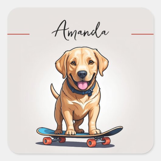 Funny Yellow Labrador auf Skateboard Quadratischer Aufkleber (Vorderseite)