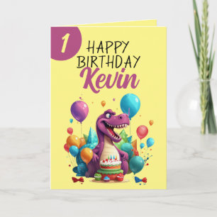 Funny Yellow und Lila Trex Boy 1. Geburtstag Karte