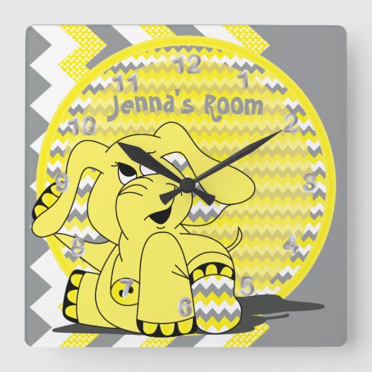 Funny Yellow Zickzack Alberner Elefant Quadratische Wanduhr (Vorderseite)