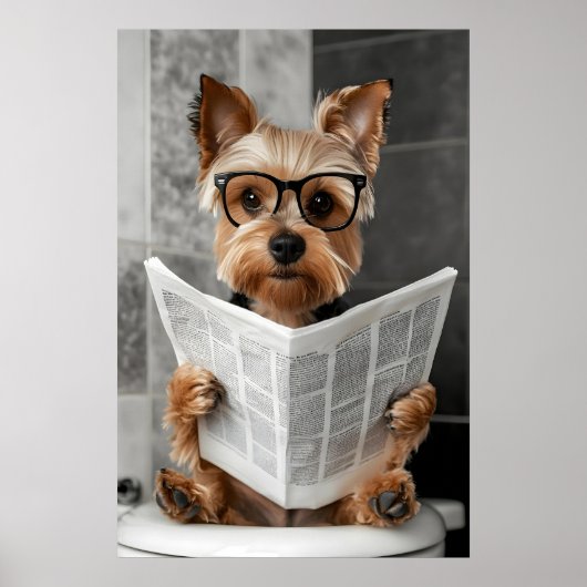 Funny Yorkie Bathroom Print, Reading Newspaper Poster (Vorne)
