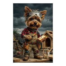 Funny Yorkie Construction Worker Poster – Playful 