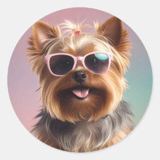 Funny Yorkshire Terrier mit Sonnenbrille Runder Aufkleber