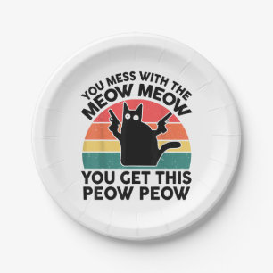 Funny you chess with Meow-Shirt Black Cat with Gun Pappteller