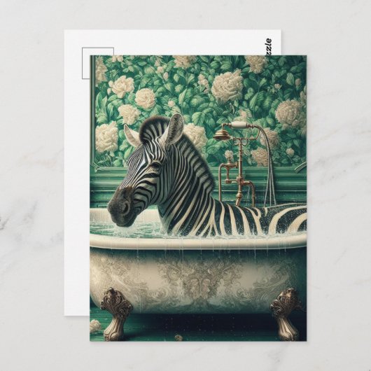 Funny Zebra in einer Badewanne Blühendes Badezimme Postkarte (Vorne/Hinten)