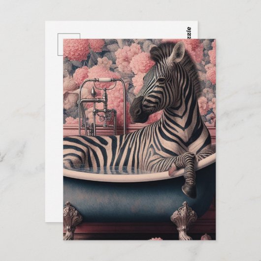 Funny Zebra in einer Badewanne in einem rosa Blume Postkarte (Vorne/Hinten)