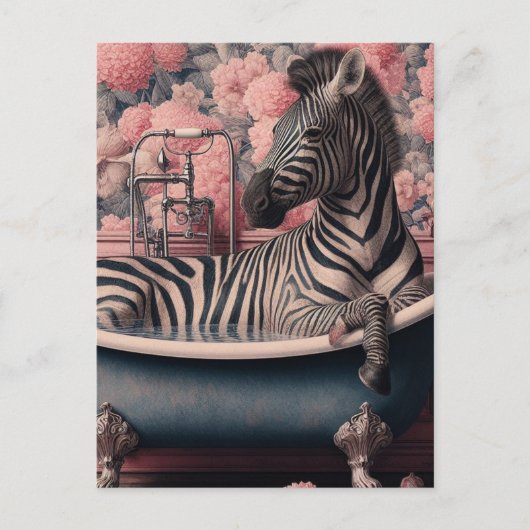 Funny Zebra in einer Badewanne in einem rosa Blume Postkarte (Vorderseite)