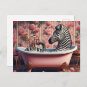 Funny Zebra in einer Badewanne Rosa Blumenbad Postkarte (Vorne/Hinten)