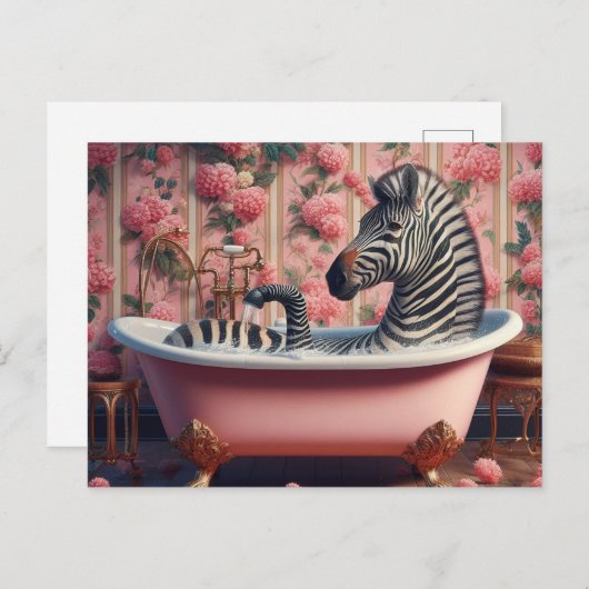 Funny Zebra in einer Badewanne Rosa Blumenbad Postkarte (Vorne/Hinten)