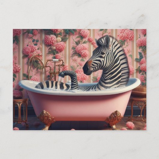 Funny Zebra in einer Badewanne Rosa Blumenbad Postkarte (Vorderseite)