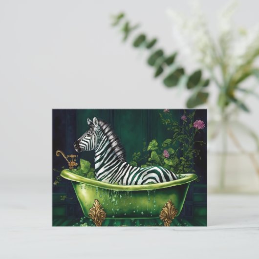 Funny Zebra in einer grünen Badewanne Postkarte (Stehend Vorderseite)