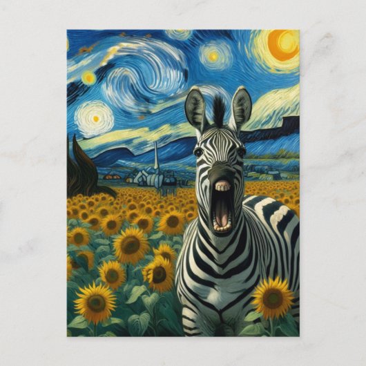 Funny Zebra in Imitate Van Gogh Sonnenblumen Feld Postkarte (Vorderseite)