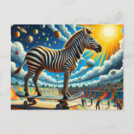 Funny Zebra Skateboarding Surreal farbig Postkarte