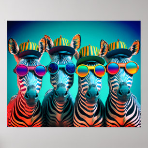 Funny Zebras Niedlich Zoo Animals Hats Brille Poster