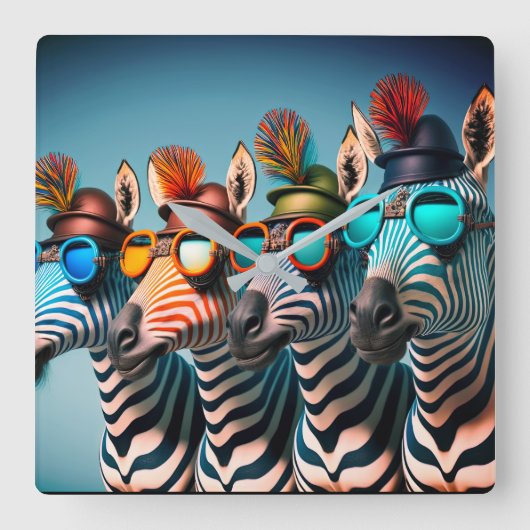 Funny Zebras Niedlich Zoo Animals Party Hats Brill Quadratische Wanduhr (Vorderseite)
