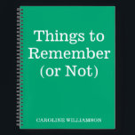 Funny Zitat für vergessene Menschen Individuelle N Notizblock<br><div class="desc">Dieses personalisierte Spiralheft bringt eine Touch Spaß in den Tagesablauf mit dem spielerischen Cover "Things to Remember (or Not)". Der minimalistisch grüne Hintergrund und der fett-weiße Schriftart machen das Hotel zu einem eleganten und funktionalen Hotel, das sich perfekt eignet, um wichtige Erinnerungen zu vereinen oder einfach nur zu verweilen. Dieses...</div>