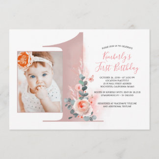 Für Baby Girl| Rosa 1. Geburtstags - Party Foto Einladung