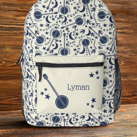 Für Banjo Spieler Muster Blue und Cream Folk Art Bedruckter Rucksack