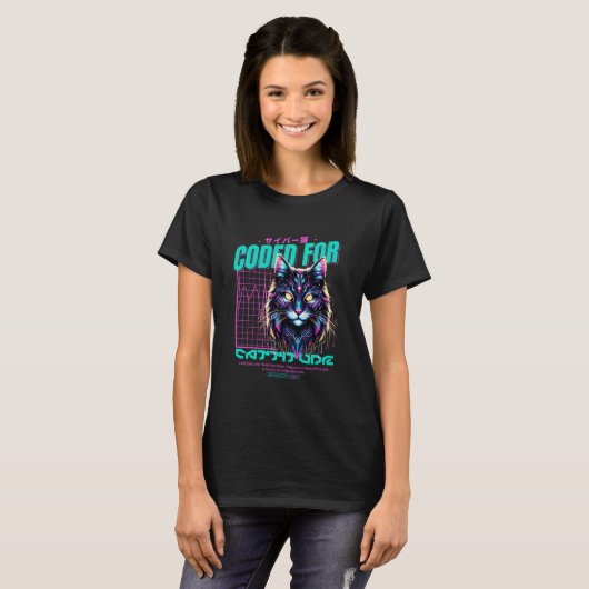 Für Cattitude codiert Katze Synthwave Feline Coder T-Shirt (Vorne ganz)