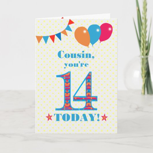 Für Cousin 14. Geburtstag Bunting Balloons Card Karte (Vorderseite)
