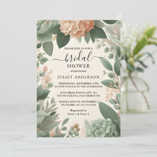 Für das blaue Pfirsichpfirsichgraues Brautparty Einladung (Stehend Vorderseite)