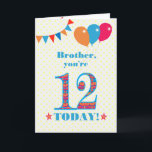 Für die Brother 12. Geburtstagskarte Karte<br><div class="desc">Eine bunte Geburtstagskarte für einen 12-jährigen Bruder. Die große Nummer 12 ist mit einem orangefarbenen, roten und blauen Muster gefüllt, das in hellblau dargestellt ist. Oben sind Ballons und Bollen, in passenden Farben, und der Gruß auf der Titelseite ist: 'Bruder, du bist heute 12!' in hellroten und blauen Buchstaben, auf...</div>