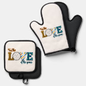 Für die Liebe des Spielvolleyball Mama Leopard Ofenhandschuh & Topflappen-Set (Vorderseite/Rückseite)