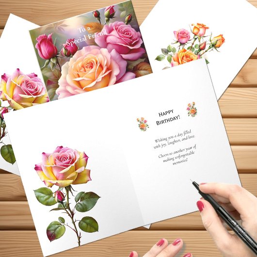 Für einen besonderen Freund rosa gelbe Rosen Gebur Karte
