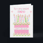 Für Friend Birthday Cake Hearts and Rose Card Karte<br><div class="desc">Eine sehr hübsche Geburtstagskarte für Ihren Freund mit einem rosa Geburtstagskuchen mit vielen gemusterten Kerzen. Der Kuchen ist rosa, mit einem Polka Dot-Muster und mit rosafarbenen, albertinischen Rose dekoriert, die von Hand in Aquarellfarben gemalt werden. "Happy Birthday!" ist in passendem Rosa auf einer weißen Band um den Kuchen geschrieben. Über...</div>