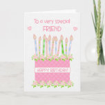 Für Friend Birthday Cake Hearts and Rose Card Karte<br><div class="desc">Eine sehr hübsche Geburtstagskarte für Ihren Freund mit einem rosa Geburtstagskuchen mit vielen gemusterten Kerzen. Der Kuchen ist rosa, mit einem Polka Dot-Muster und mit rosafarbenen, albertinischen Rose dekoriert, die von Hand in Aquarellfarben gemalt werden. "Happy Birthday!" ist in passendem Rosa auf einer weißen Band um den Kuchen geschrieben. Über...</div>