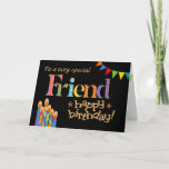 Für Friend Chic Kerzen, Bunting Birthday Card Karte<br><div class="desc">Eine helle und farbenfrohe Geburtstagskarte für einen Freund jeden Alters,  mit Birthday Cake Candles,  Bunting and Stars und dem Wort "Friend" in gemusterter Schrift,  in Goldeffekt (nicht in metallischer Tinte) und Happy Birthday,  auch in Goldeffekt,  auf schwarzem Hintergrund. Ein digitales Design von Judy Adamson.</div>