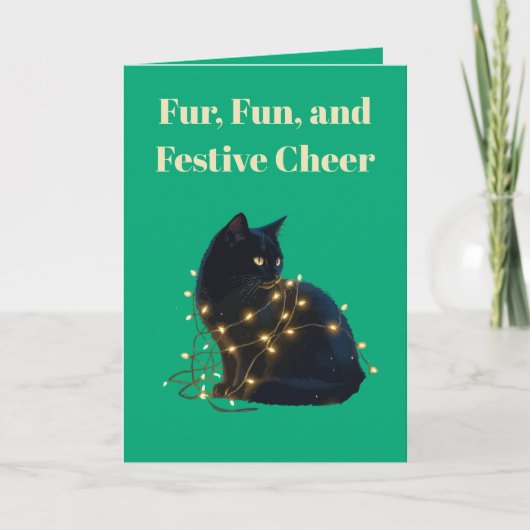 Fur, Fun, and Festive Cheer Black Cat Entangled Karte (Vorderseite)