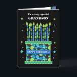 Für Grandson Birthday Cake mit Candles Card Karte<br><div class="desc">Eine helle Geburtstagskarte für Ihren Enkel mit vielen gemusterten Kerzen auf einem Geburtstagskuchen. Oben auf der Titelseite sind die Worte 'To a very special GRANDSON' in einer weißen Schrift auf dem schwarzen Hintergrund. Es gibt eine blaue Band um den Kuchen mit "HAPPY BIRTHDAY!" auch in Weiß. Töne blaue, grüne und...</div>