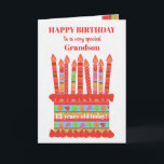 Für Grandson Custom Age Birthday Cake Card Karte<br><div class="desc">Sie können das Alter zu dieser farbenfrohen Geburtstagskarte für Ihren Enkel hinzufügen, mit einer Erdbeergeburtstorte. Der Kuchen hat viele Kerzen mit verschiedenen Mustern und es gibt eine gemusterte Band um den Kuchen mit bunten Sommerfrüchten - Erdbeeren, Himbeeren, Limetten und Orangenscheiben. Über dem Kuchen, der Gruß in roter Schrift ist "GLÜCKLICHER...</div>