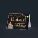 Für husband-Chic Candles, Bunting Birthday Card Karte<br><div class="desc">Eine helle und farbenfrohe Geburtstagskarte für einen Ehemann,  mit Birthday Cake Candles,  Bunting and Stars und dem Wort "Husband" in gemusterter Schrift,  in Goldeffekt (nicht in metallischer Tinte) und Happy Birthday,  auch in Goldeffekt,  auf schwarzem Hintergrund. Ein digitales Design von Judy Adamson.</div>