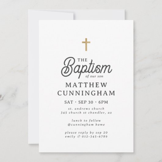 Für ihn einfache moderne, elegante Goldkreuztaufe Einladung (Vorderseite)