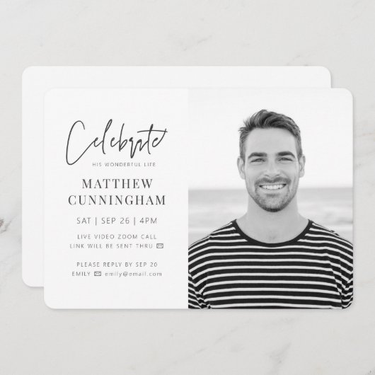 Für ihn Virtual Celebration of Life Modernes Foto Einladung (Vorne/Hinten)