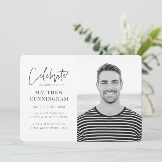 Für ihn Virtual Celebration of Life Modernes Foto Einladung (Stehend Vorderseite)