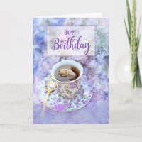 für ihre Tasse Tee und violette Blumen Geburtstag