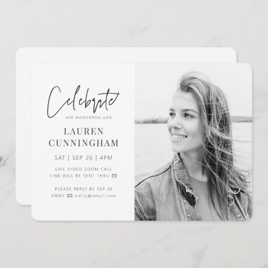 Für ihre virtuelle Feier des Lebens Modernes Foto Einladung (Vorne/Hinten)