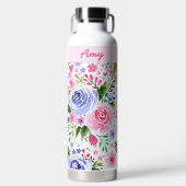 Für ihren rosa Blumenmuster-Namen Trinkflasche (Vorderseite)