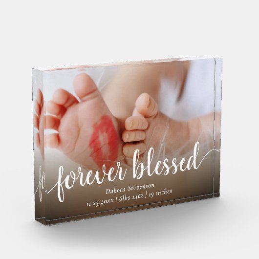 Für immer gesegnet | Lässig Script Baby Birth Stat Fotoblock (Links)