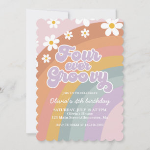 Für immer groovy Retro-Regenbogen 4. Geburtstag Einladung