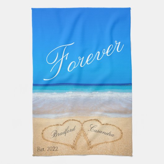 Für immer | Herzen in Sand Beach Geschirrtuch (Vertikal)
