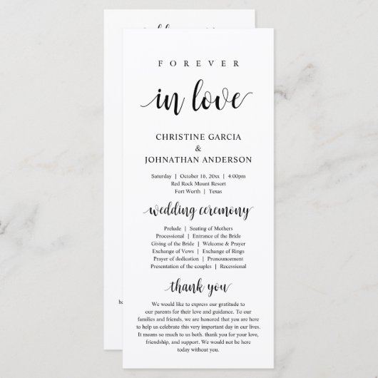 Für immer in der Liebe, moderne Hochzeitfeier Programm (Vorne/Hinten)