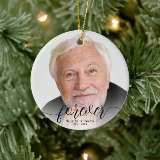 Für immer in unserem Hearts Foto Memorial Keepake Keramik Ornament (Baum)