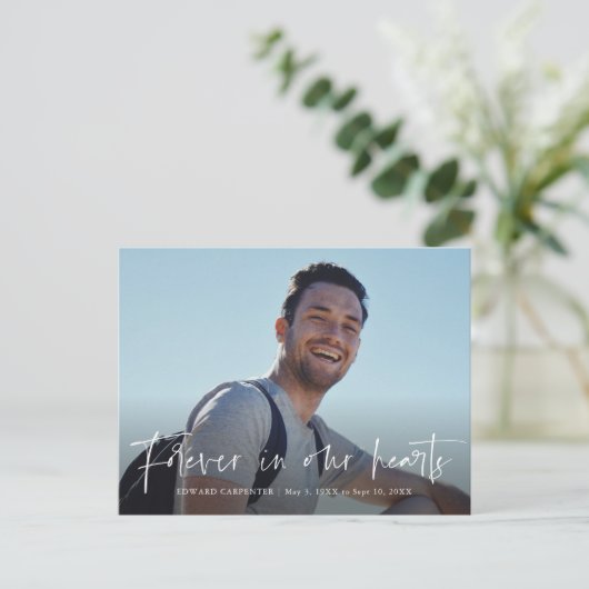 Für immer in unserem Hearts Funeral Memorial Danke Postkarte (Stehend Vorderseite)