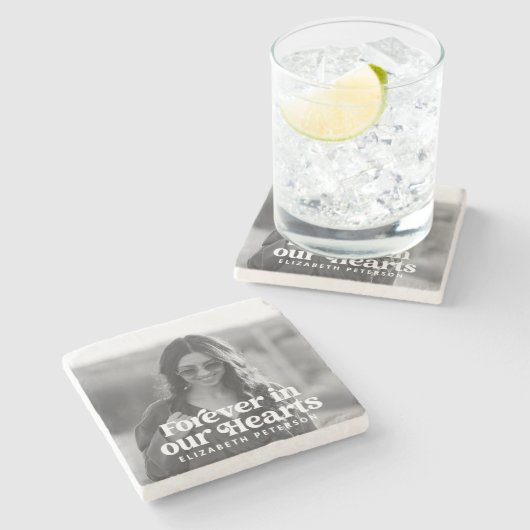 Für immer in unserem Hearts Simple Custom Foto Mem Steinuntersetzer (Seitenansicht)