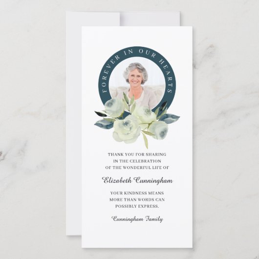 Für immer in unserem Herz Foto Blumengedenkmal Dankeskarte (Vorderseite)